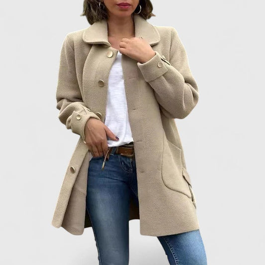 Effortless Tan Knit Coat for Women with Collared Long Sleeve Button Front Pockets Casual Style