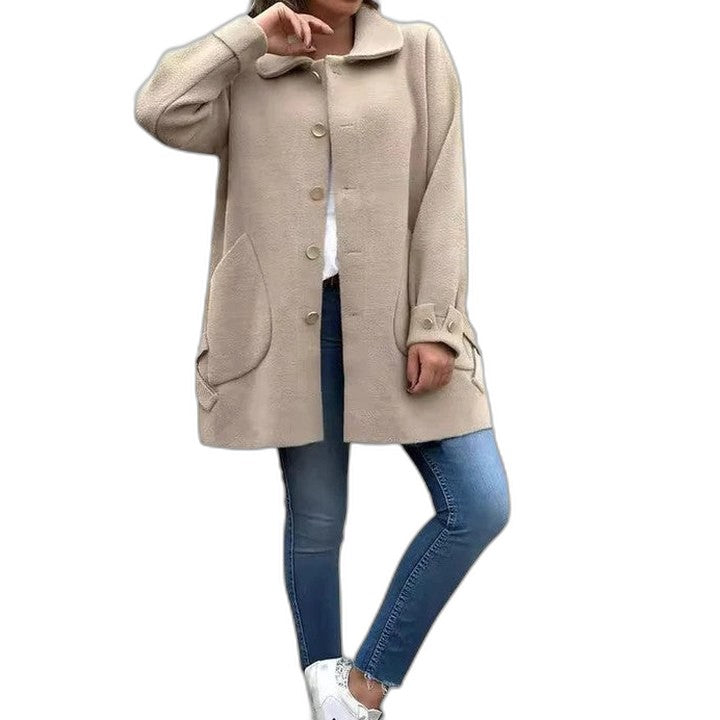 Effortless Tan Knit Coat for Women with Collared Long Sleeve Button Front Pockets Casual Style