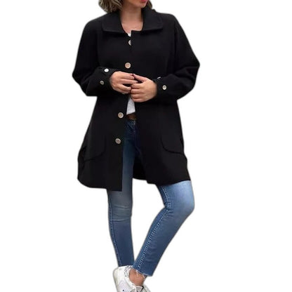 Effortless Tan Knit Coat for Women with Collared Long Sleeve Button Front Pockets Casual Style