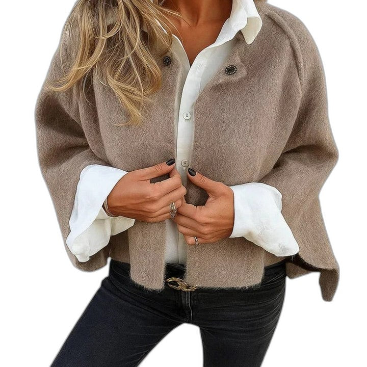 Effortless Tan Knit Jacket for Women with Collared Long Sleeve Button Front Oversized Casual Style