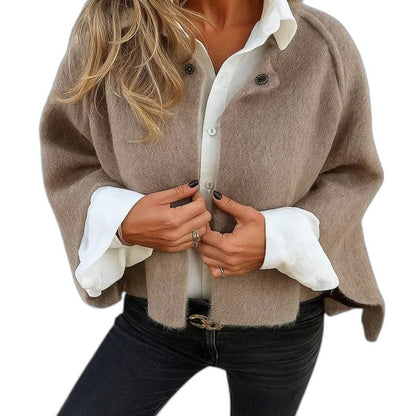 Effortless Tan Knit Jacket for Women with Collared Long Sleeve Button Front Oversized Casual Style