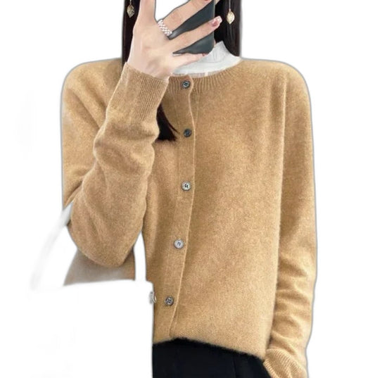Effortless Tan Knit Sweater for Women with Crew Neck Long Sleeve Casual Style