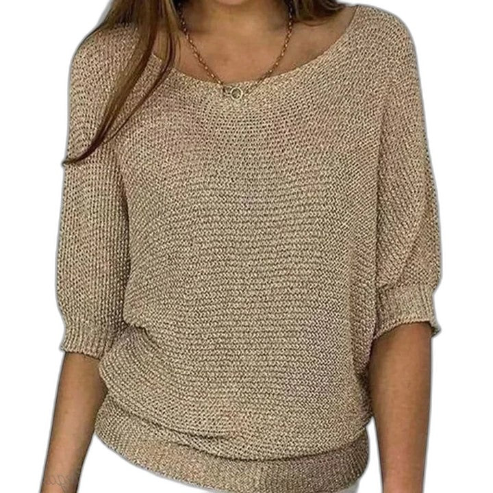 Effortless Tan Knit Sweater for Women with V Neck Short Sleeve Casual Style
