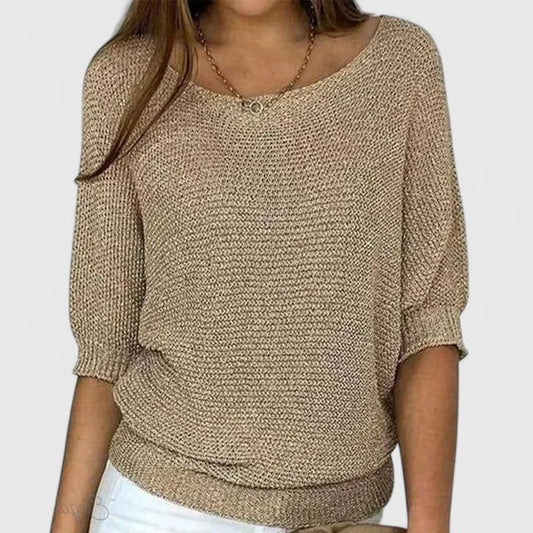 Effortless Tan Knit Sweater for Women with V Neck Short Sleeve Casual Style