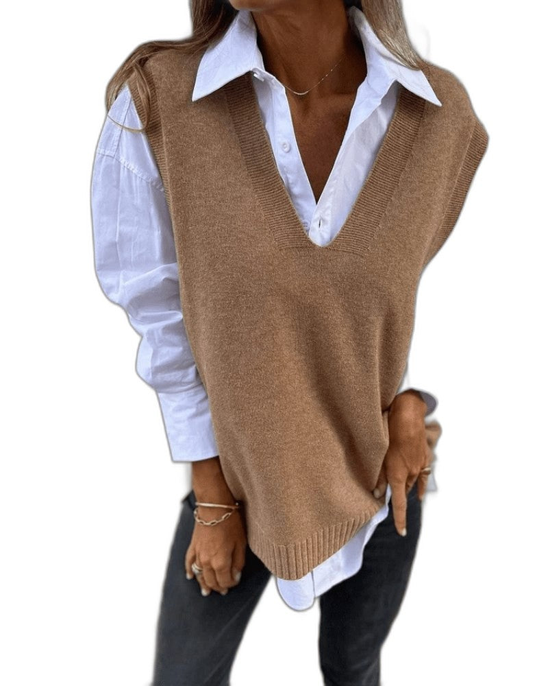 Effortless Tan Knit Sweater Vest for Women with Collared Sleeveless Oversized Casual Style
