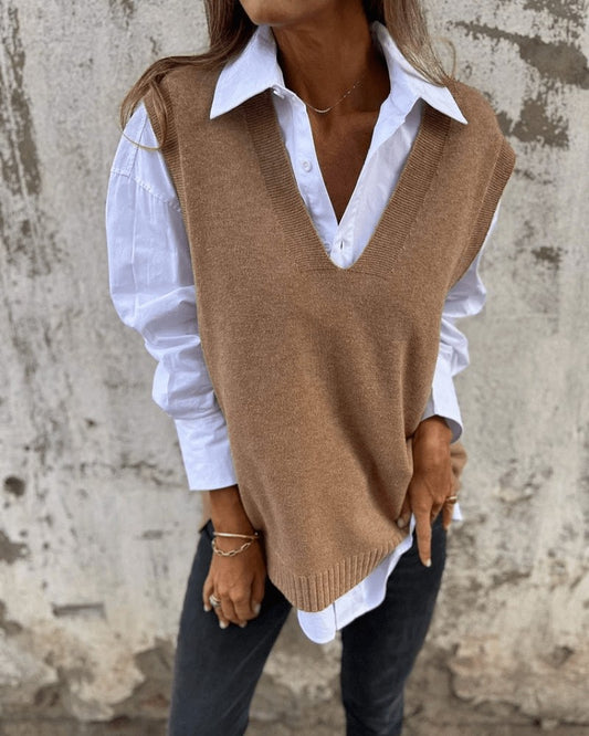 Effortless Tan Knit Sweater Vest for Women with Collared Sleeveless Oversized Casual Style