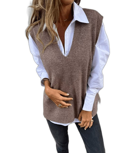 Effortless Tan Knit Sweater Vest for Women with Collared Sleeveless Oversized Casual Style