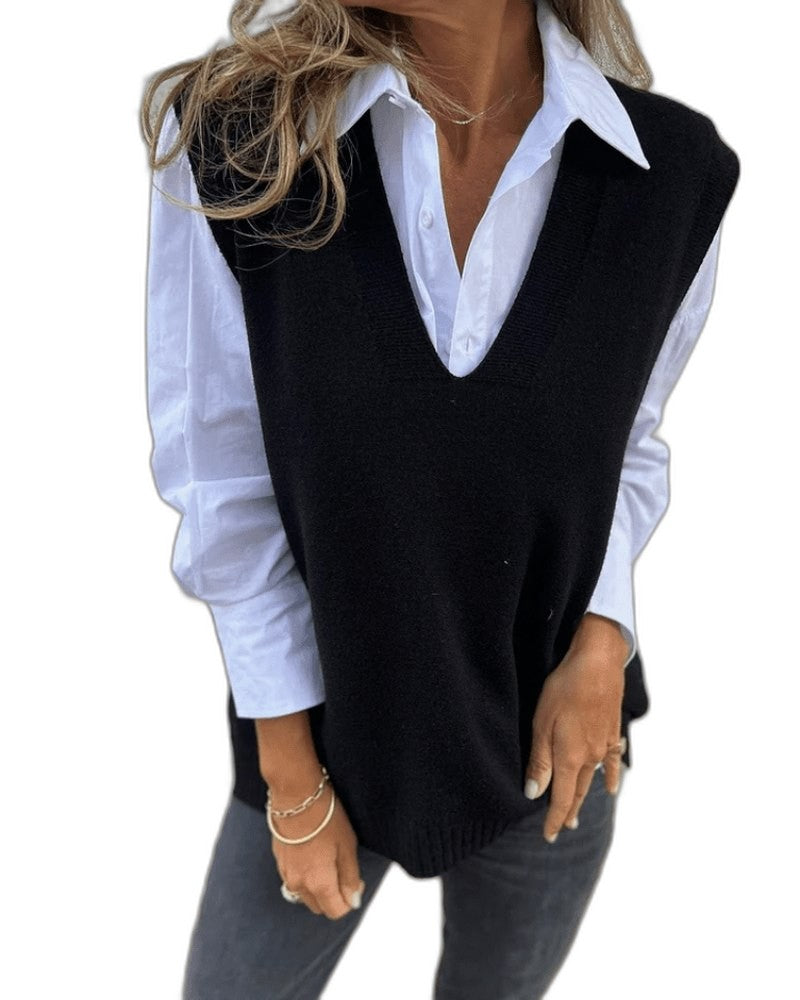 Effortless Tan Knit Sweater Vest for Women with Collared Sleeveless Oversized Casual Style