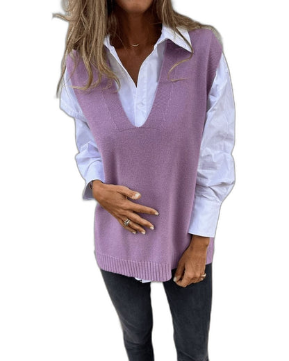 Effortless Tan Knit Sweater Vest for Women with Collared Sleeveless Oversized Casual Style