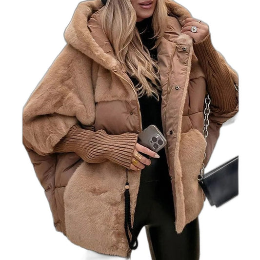 Effortless Tan Puffer Jacket for Women with High Neck Long Sleeve Oversized Quilted Fur Lined Casual Style