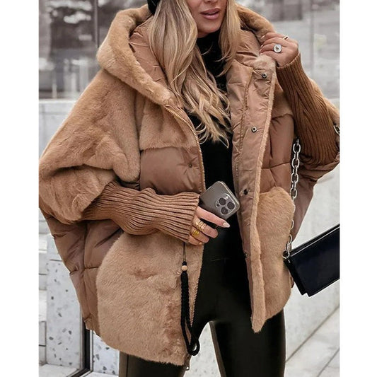 Effortless Tan Puffer Jacket for Women with High Neck Long Sleeve Oversized Quilted Fur Lined Casual Style