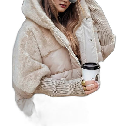 Effortless Tan Puffer Jacket for Women with High Neck Long Sleeve Oversized Quilted Fur Lined Casual Style