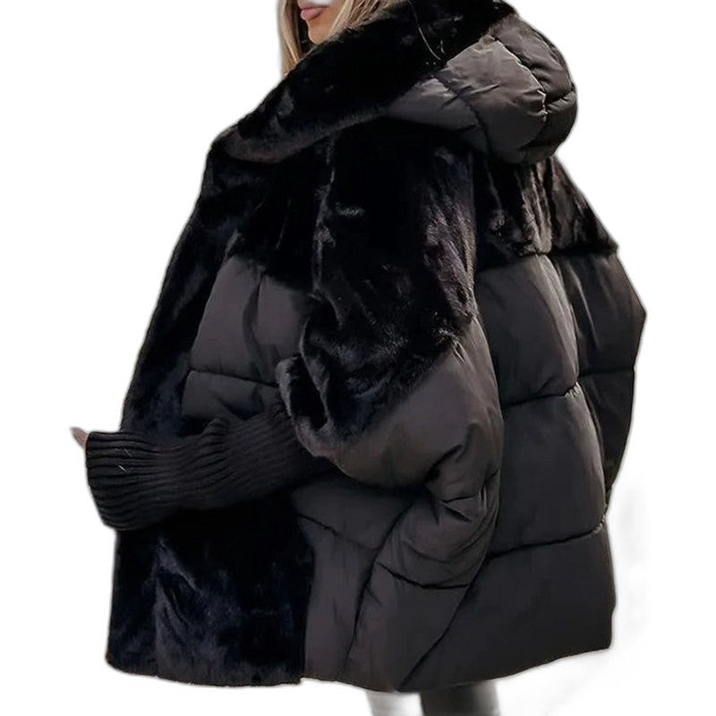 Effortless Tan Puffer Jacket for Women with High Neck Long Sleeve Oversized Quilted Fur Lined Casual Style
