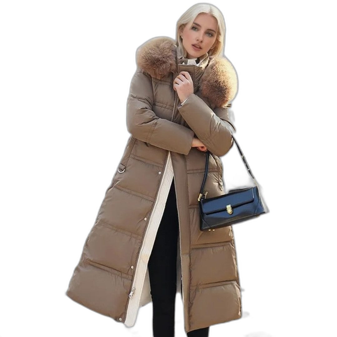 Effortless Tan Puffer Jacket for Women with High Neck Long Sleeve Quilted Fur Lined Casual Style