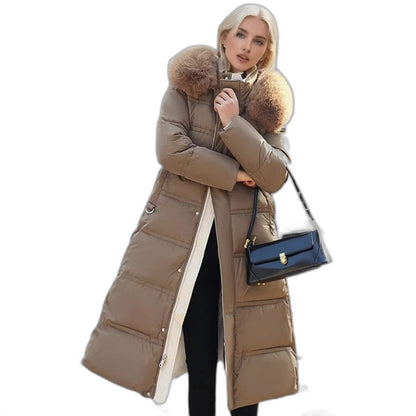 Effortless Tan Puffer Jacket for Women with High Neck Long Sleeve Quilted Fur Lined Casual Style