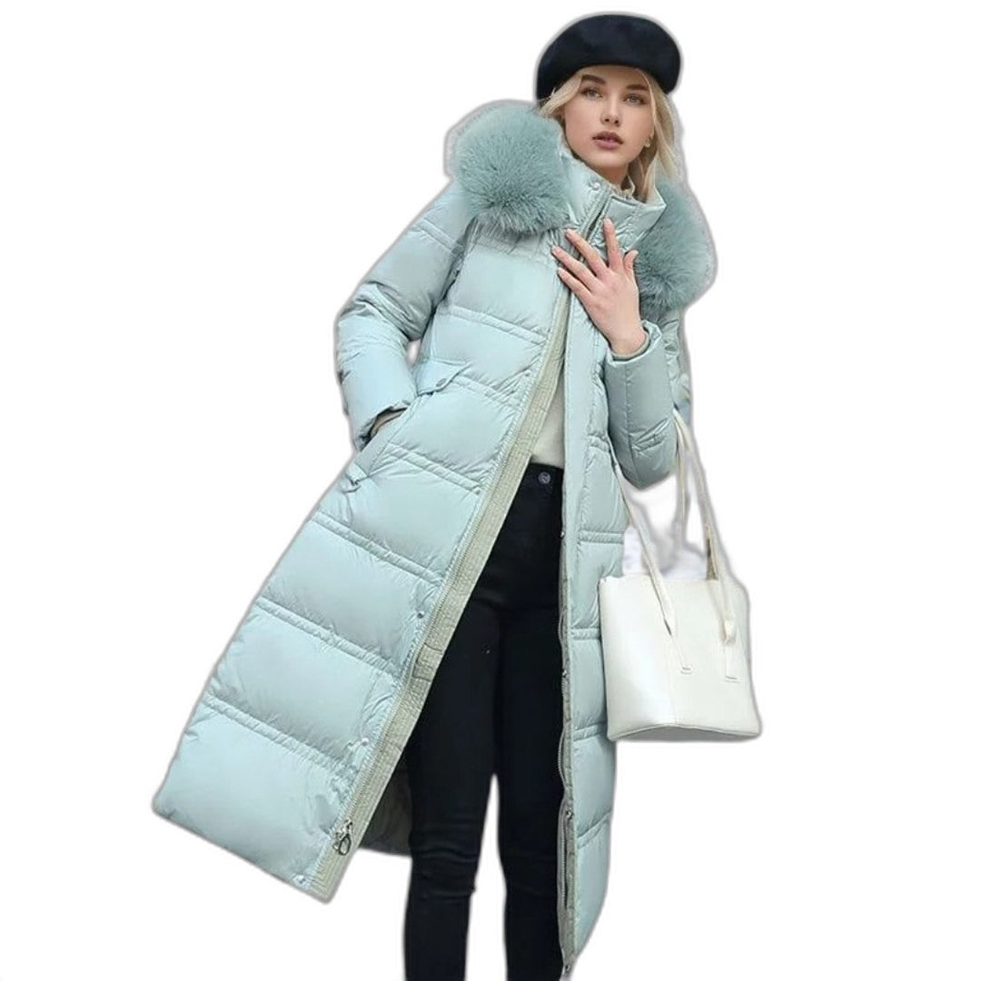 Effortless Tan Puffer Jacket for Women with High Neck Long Sleeve Quilted Fur Lined Casual Style