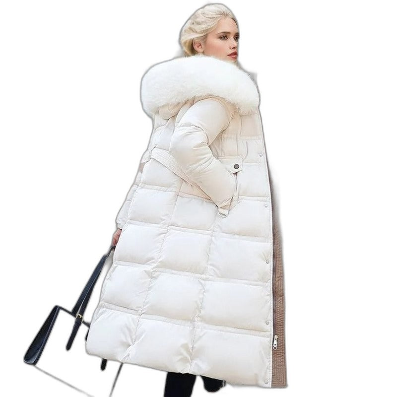 Effortless Tan Puffer Jacket for Women with High Neck Long Sleeve Quilted Fur Lined Casual Style