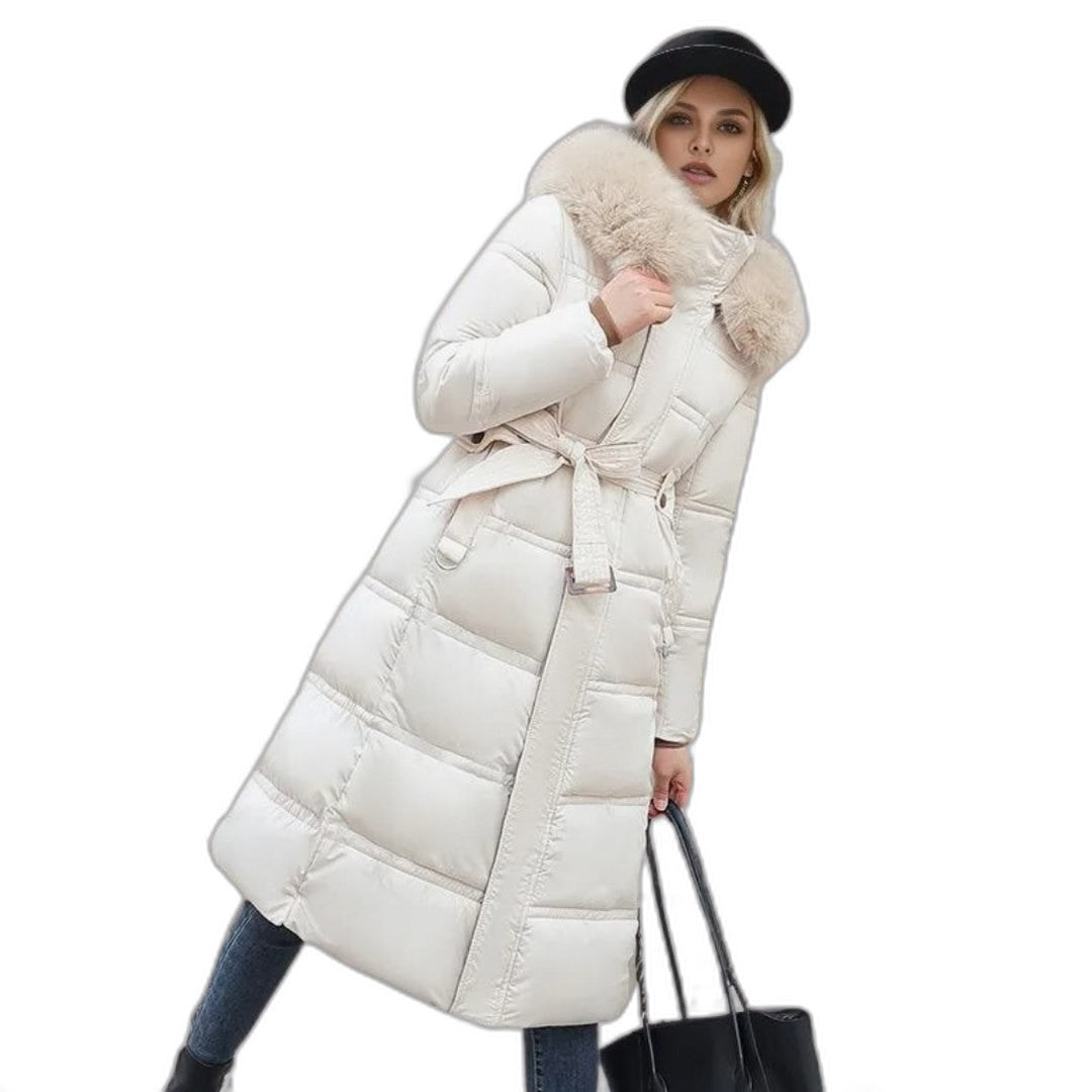 Effortless Tan Puffer Jacket for Women with High Neck Long Sleeve Quilted Fur Lined Casual Style