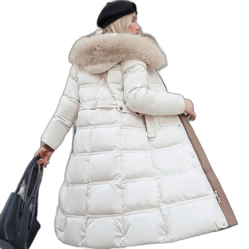 Effortless Tan Puffer Jacket for Women with High Neck Long Sleeve Quilted Fur Lined Casual Style