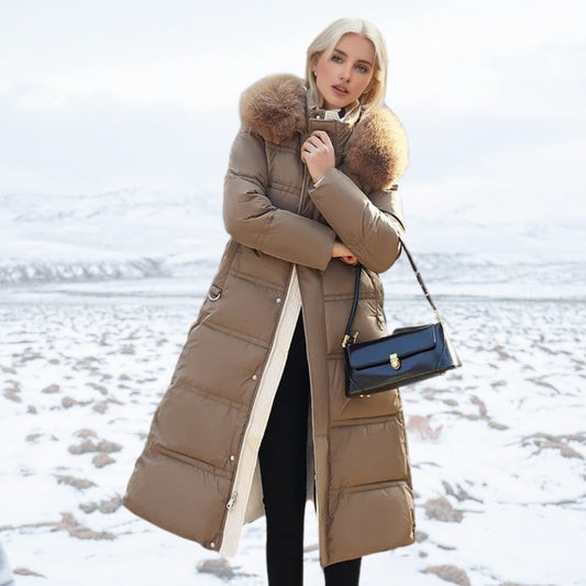 Effortless Tan Puffer Jacket for Women with High Neck Long Sleeve Quilted Fur Lined Casual Style
