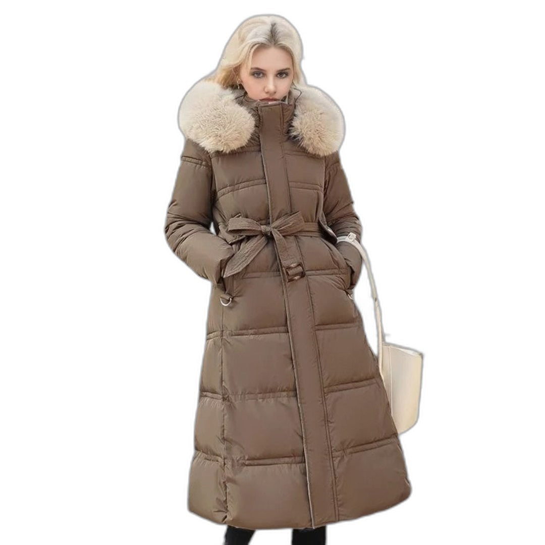 Effortless Tan Puffer Jacket for Women with High Neck Long Sleeve Quilted Fur Lined Casual Style