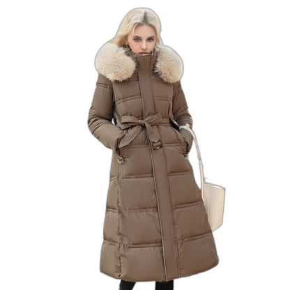 Effortless Tan Puffer Jacket for Women with High Neck Long Sleeve Quilted Fur Lined Casual Style