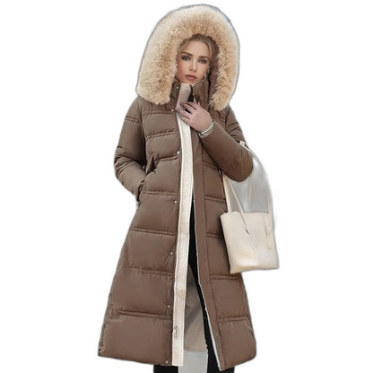 Effortless Tan Puffer Jacket for Women with High Neck Long Sleeve Quilted Fur Lined Casual Style