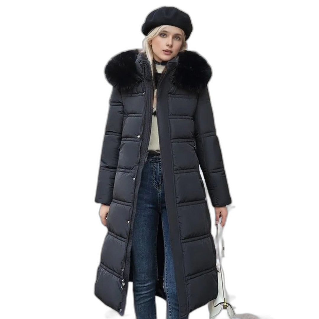 Effortless Tan Puffer Jacket for Women with High Neck Long Sleeve Quilted Fur Lined Casual Style