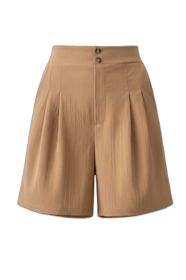 Effortless Tan Shorts for Women with Pleated Button Front High Waisted Casual Style
