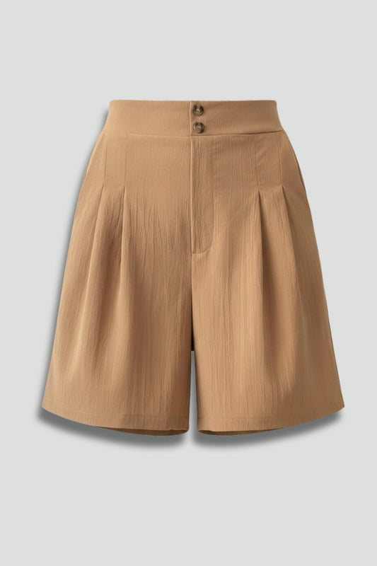 Effortless Tan Shorts for Women with Pleated Button Front High Waisted Casual Style