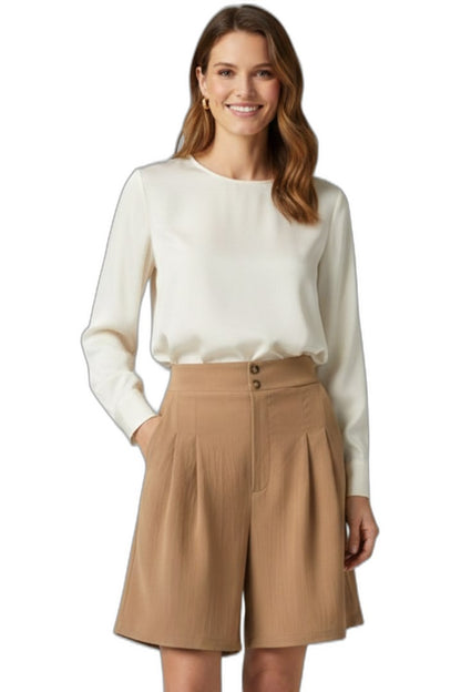 Effortless Tan Shorts for Women with Pleated Button Front High Waisted Casual Style