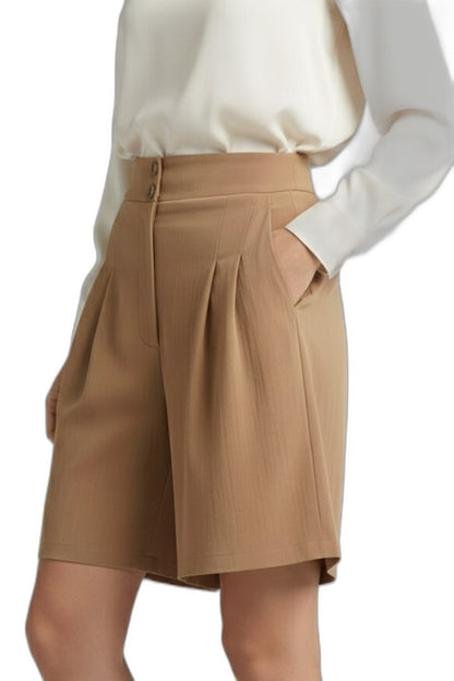 Effortless Tan Shorts for Women with Pleated Button Front High Waisted Casual Style