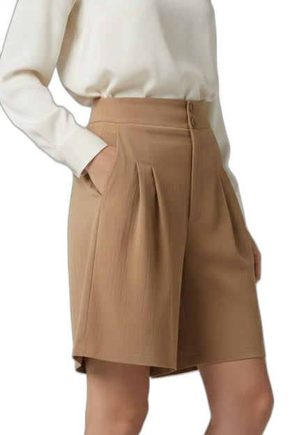 Effortless Tan Shorts for Women with Pleated Button Front High Waisted Casual Style