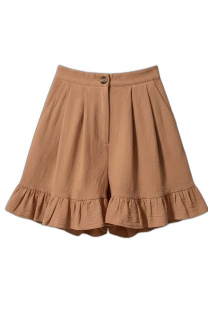 Effortless Tan Shorts for Women with Ruffle High Waisted Casual Style
