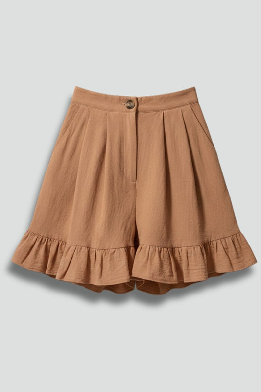 Effortless Tan Shorts for Women with Ruffle High Waisted Casual Style