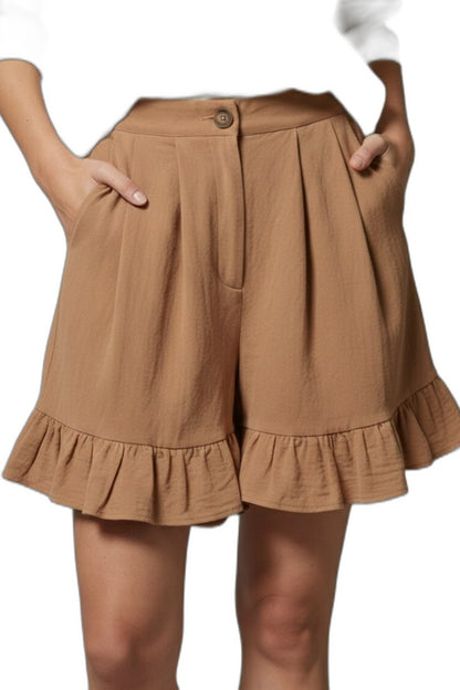 Effortless Tan Shorts for Women with Ruffle High Waisted Casual Style