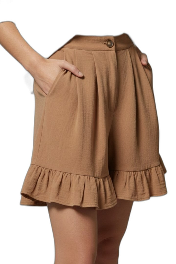 Effortless Tan Shorts for Women with Ruffle High Waisted Casual Style