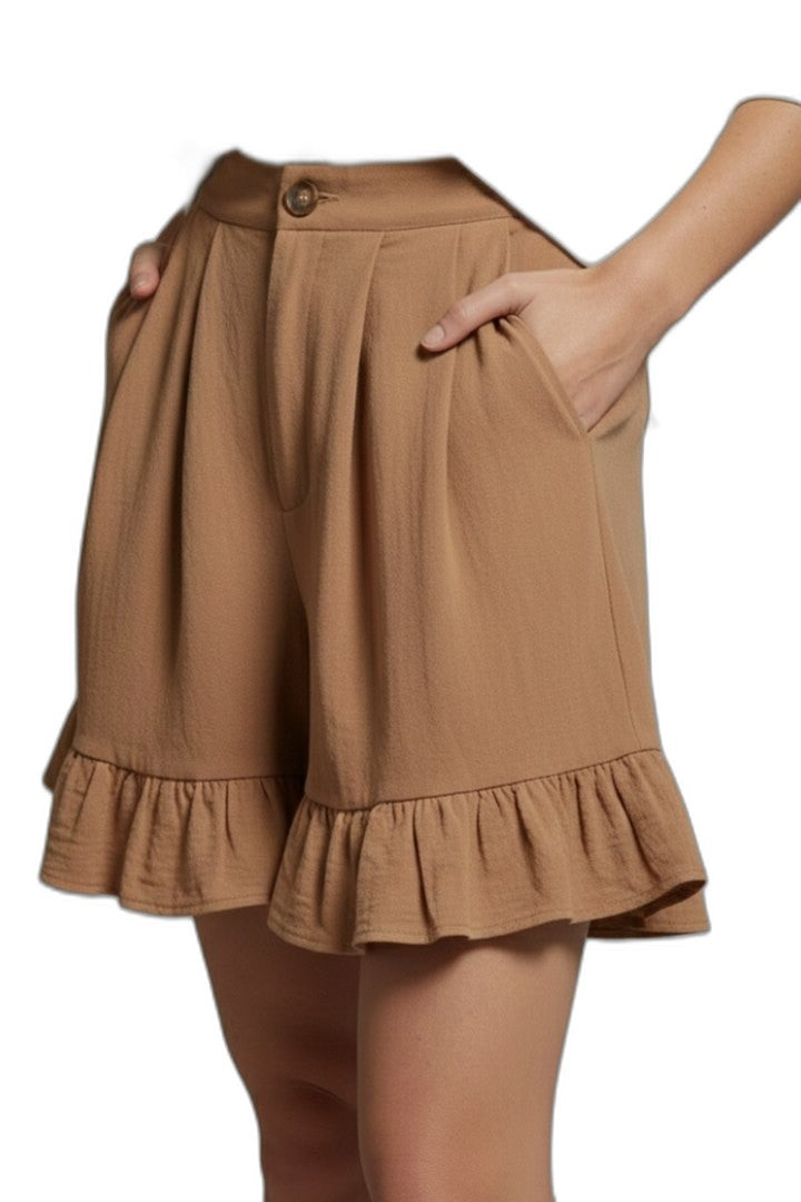 Effortless Tan Shorts for Women with Ruffle High Waisted Casual Style