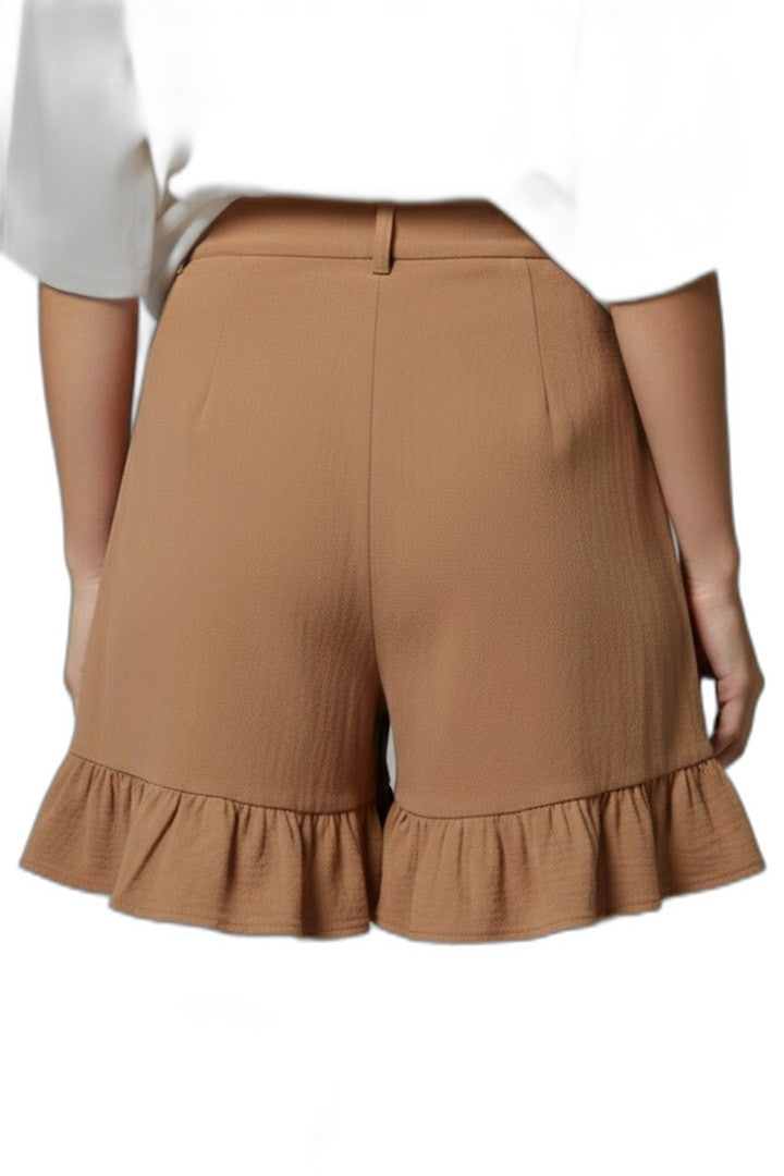 Effortless Tan Shorts for Women with Ruffle High Waisted Casual Style