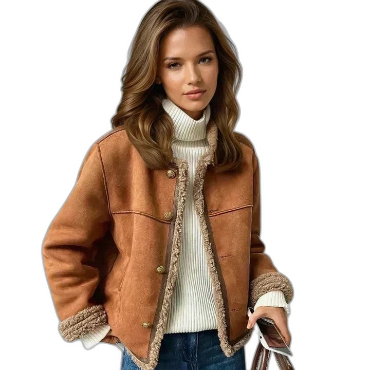 Effortless Tan Suede Jacket for Women with Collared Long Sleeve Cropped Pockets Fur Lined Casual Style