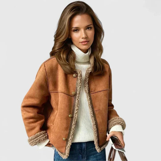 Effortless Tan Suede Jacket for Women with Collared Long Sleeve Cropped Pockets Fur Lined Casual Style