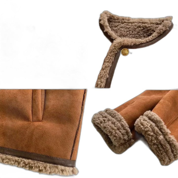 Effortless Tan Suede Jacket for Women with Collared Long Sleeve Cropped Pockets Fur Lined Casual Style