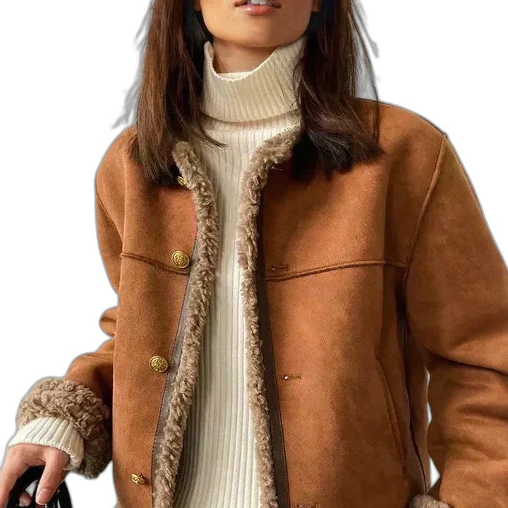 Effortless Tan Suede Jacket for Women with Collared Long Sleeve Cropped Pockets Fur Lined Casual Style