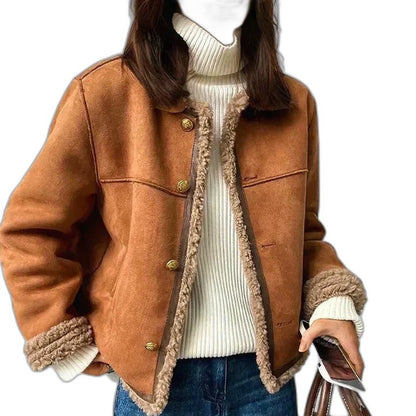 Effortless Tan Suede Jacket for Women with Collared Long Sleeve Cropped Pockets Fur Lined Casual Style