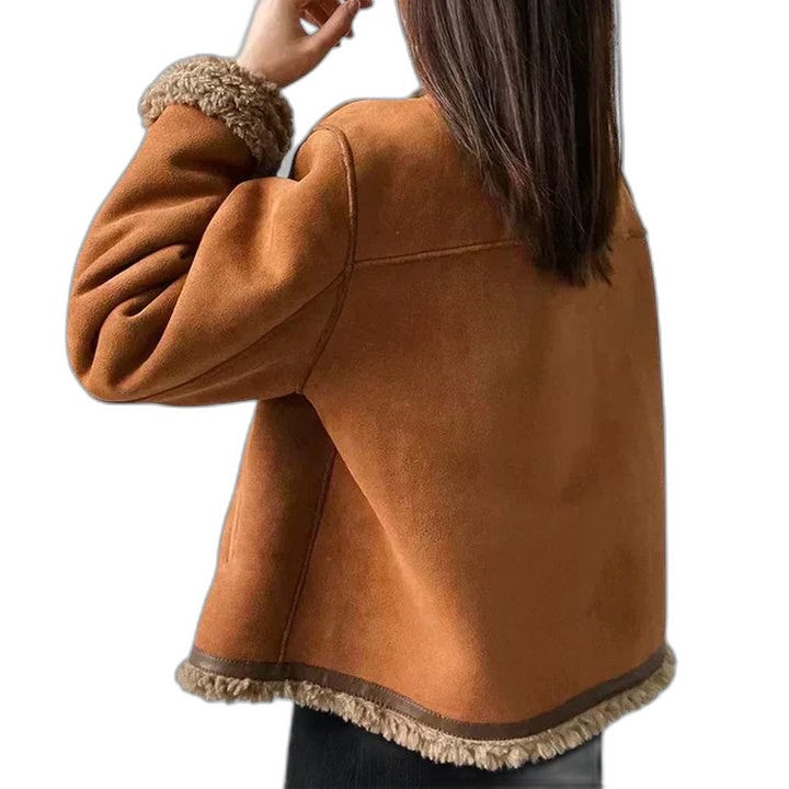 Effortless Tan Suede Jacket for Women with Collared Long Sleeve Cropped Pockets Fur Lined Casual Style