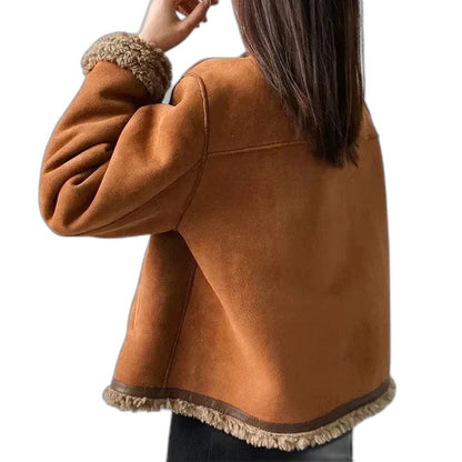 Effortless Tan Suede Jacket for Women with Collared Long Sleeve Cropped Pockets Fur Lined Casual Style