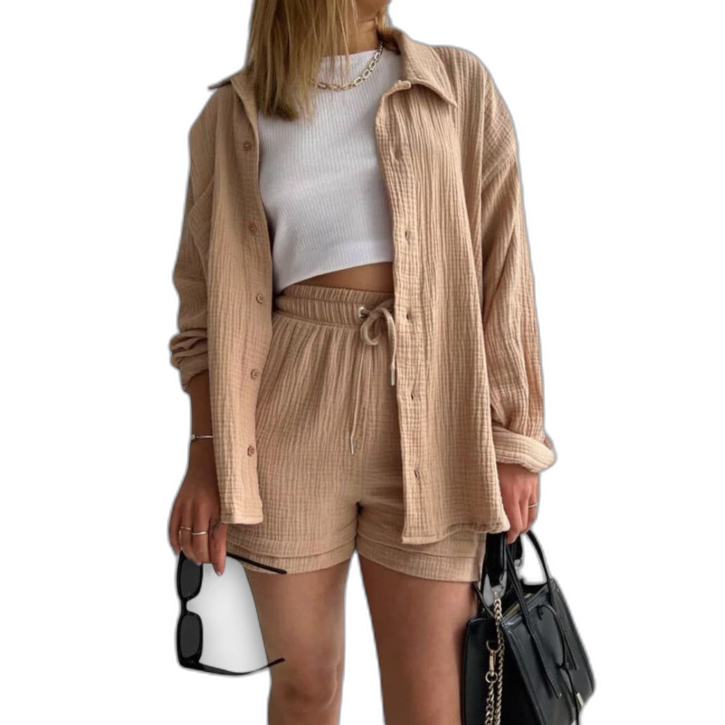 Effortless Tan Two Piece Set for Women with Button Front Pockets Casual Style