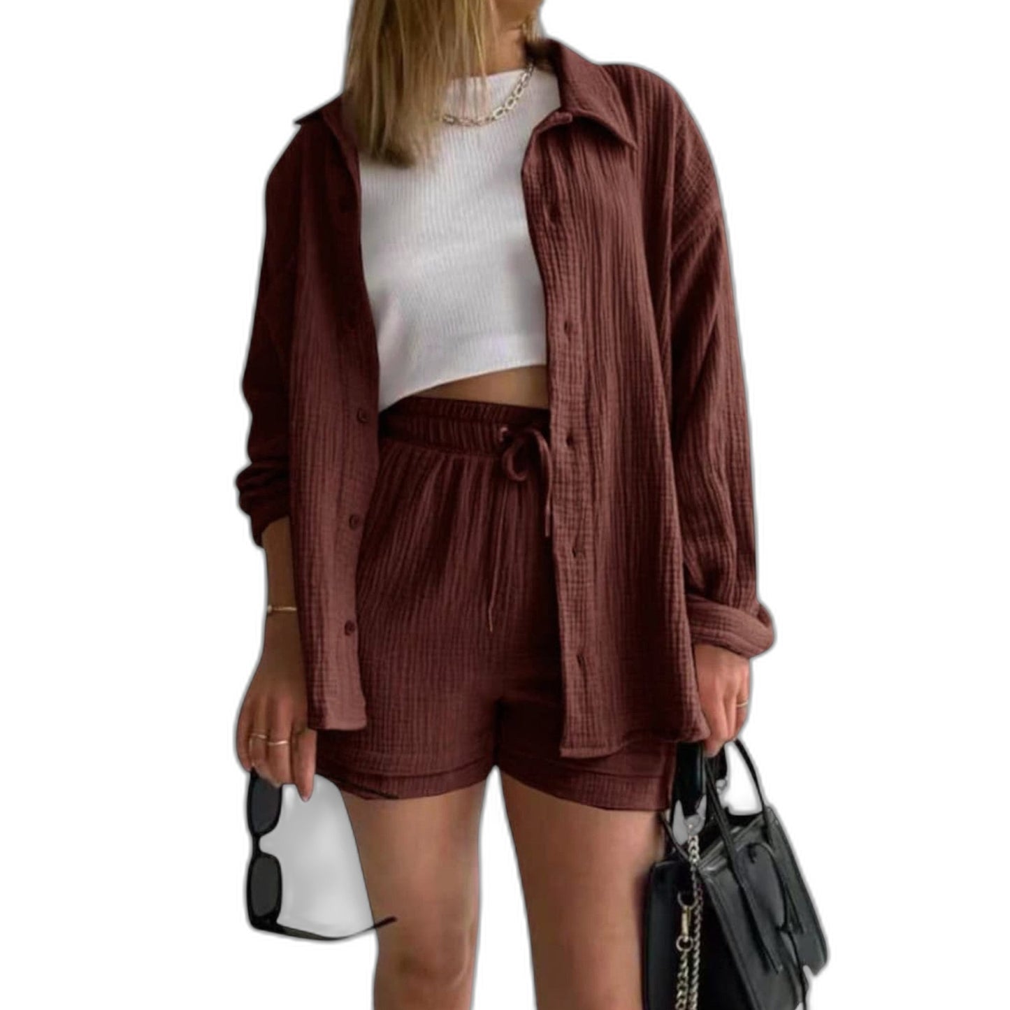 Effortless Tan Two Piece Set for Women with Button Front Pockets Casual Style