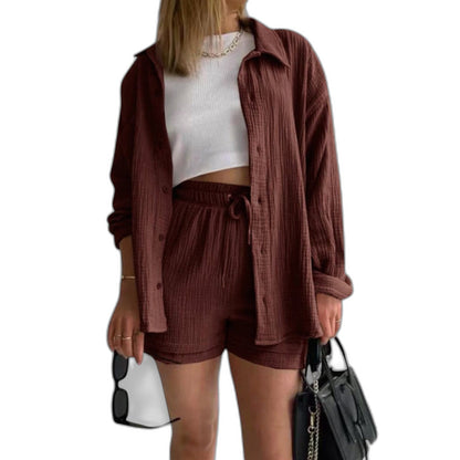 Effortless Tan Two Piece Set for Women with Button Front Pockets Casual Style