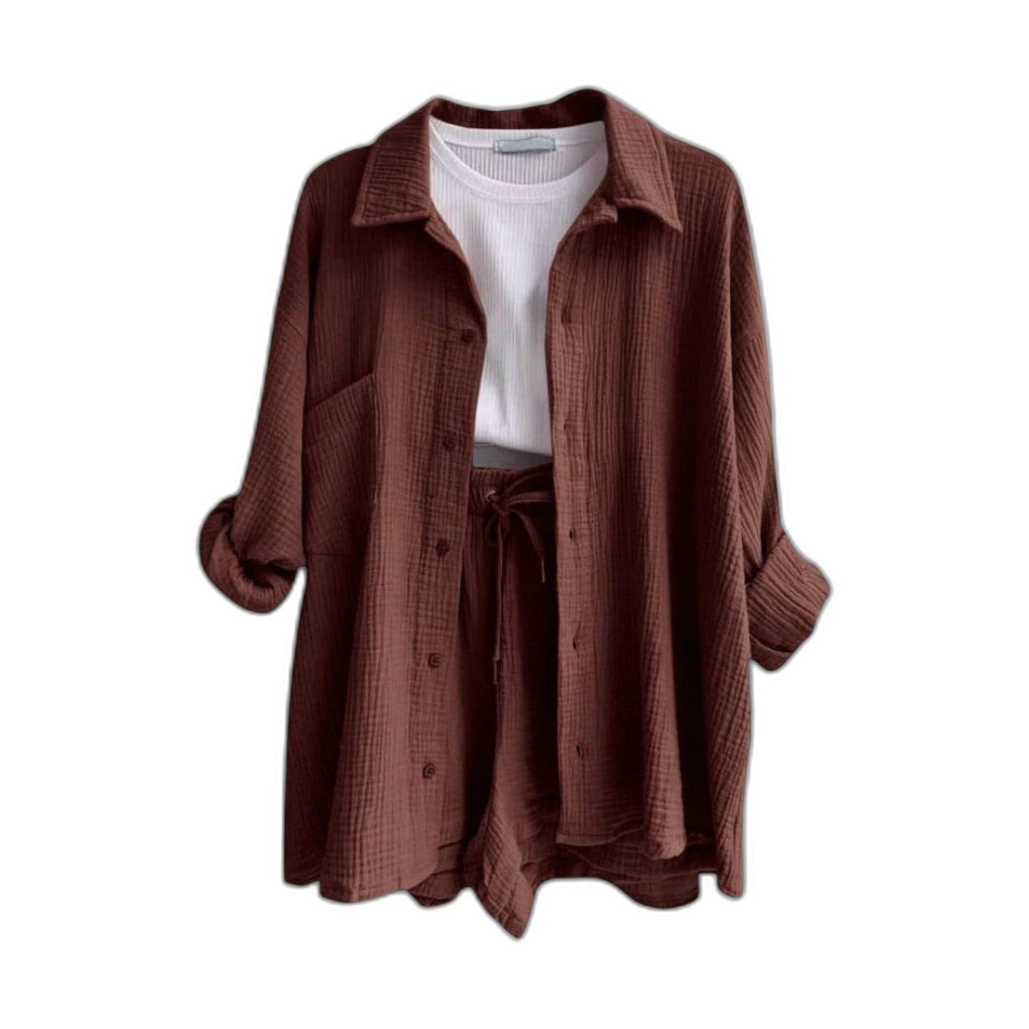 Effortless Tan Two Piece Set for Women with Button Front Pockets Casual Style